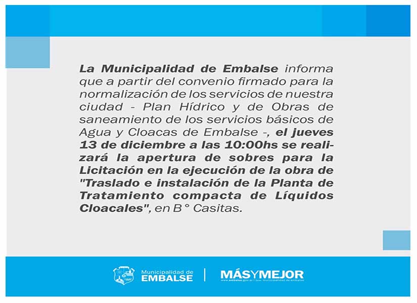 MAÑANA SE ABRIRÁN LOS SOBRES PARA LA LICITACIÓN DE LAS OBRAS DE SANEAMIENTO 
