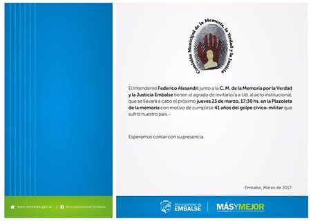 ACTO iNSTITUCIONAL: A 41 AÑOS DEL MAYOR GOLPE CÍVICO MILITAR EN ARGENTINA.